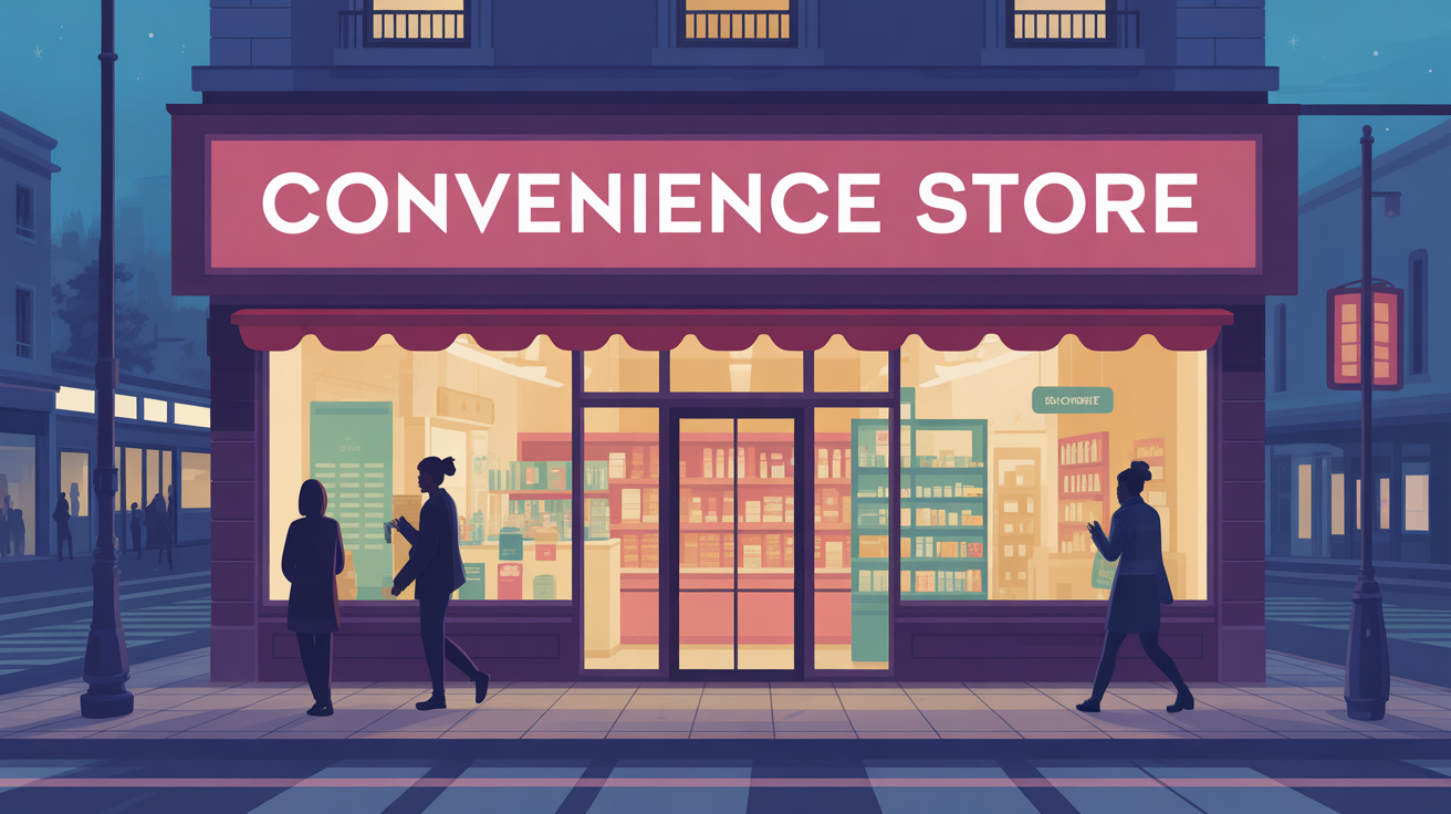 illustration façade convenience store urbain nuit vitrine éclairée