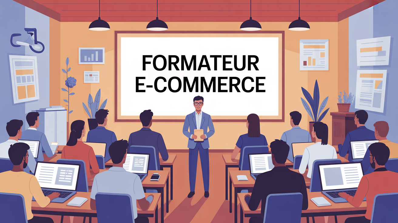 Formateur e-commerce et apprenants en salle lumineuse, ambiance conviviale