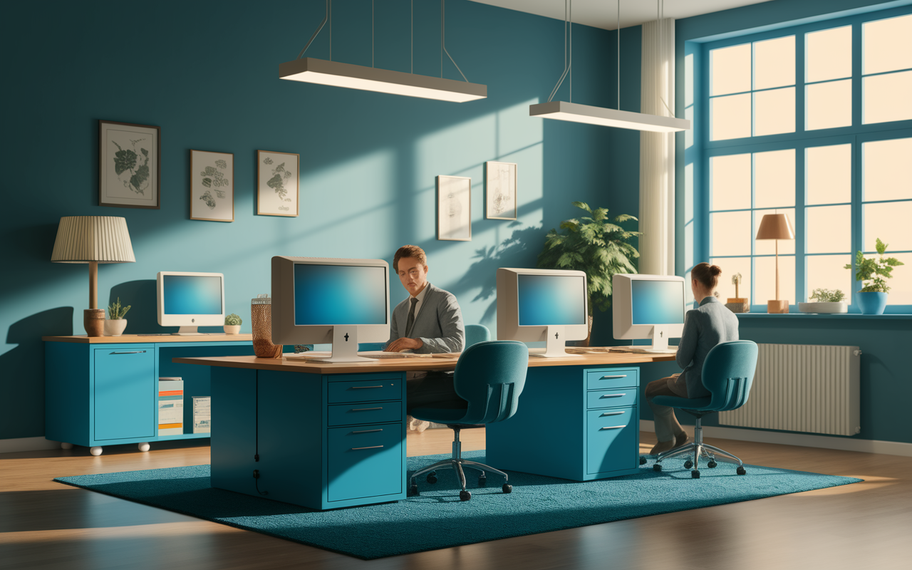 scene bureau retro blue IBM