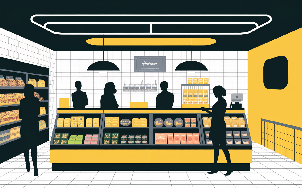 vue intérieure convenience store urbain moderne rayons produits