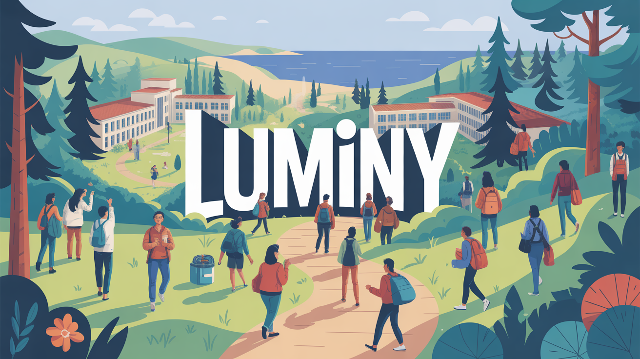 Illustration campus Luminy Marseille étudiants pins sentier mer