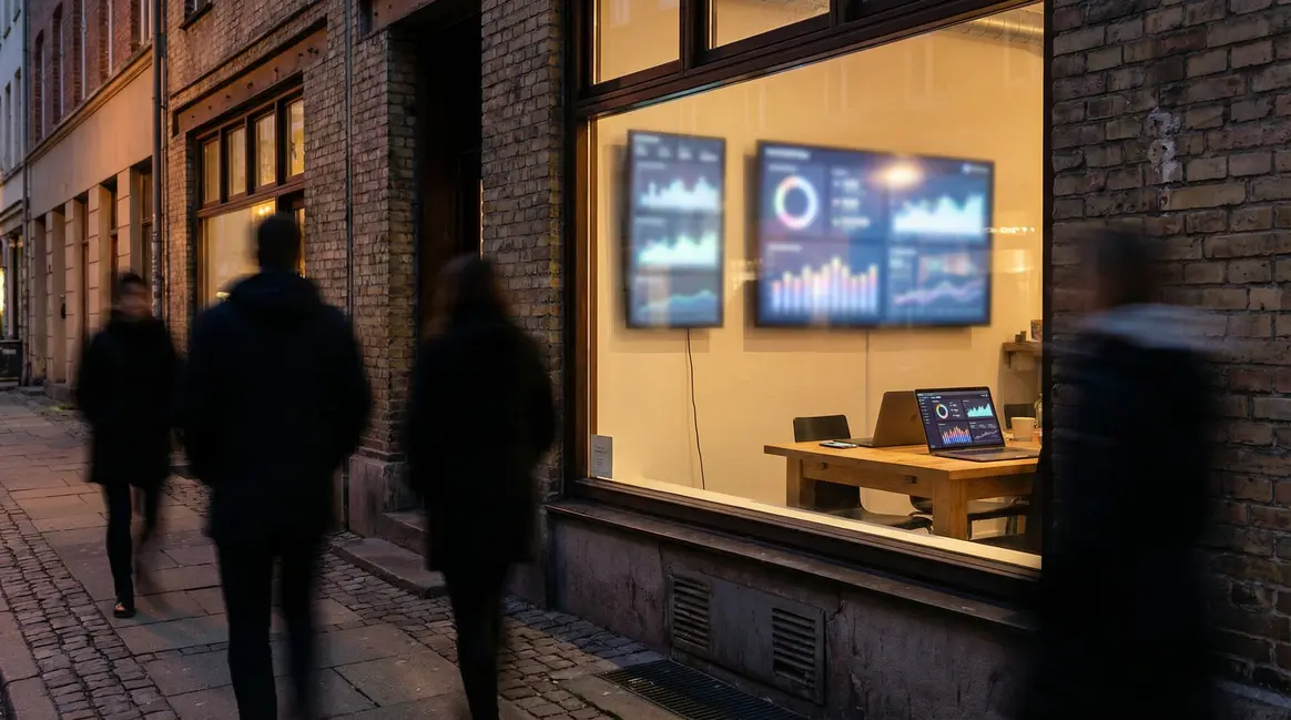 Commerce de quartier moderne affichant analyse de donnees et marketing digital