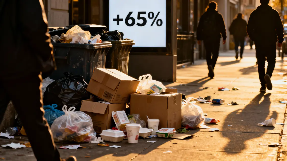 Déchets emballages jetables polluant trottoir