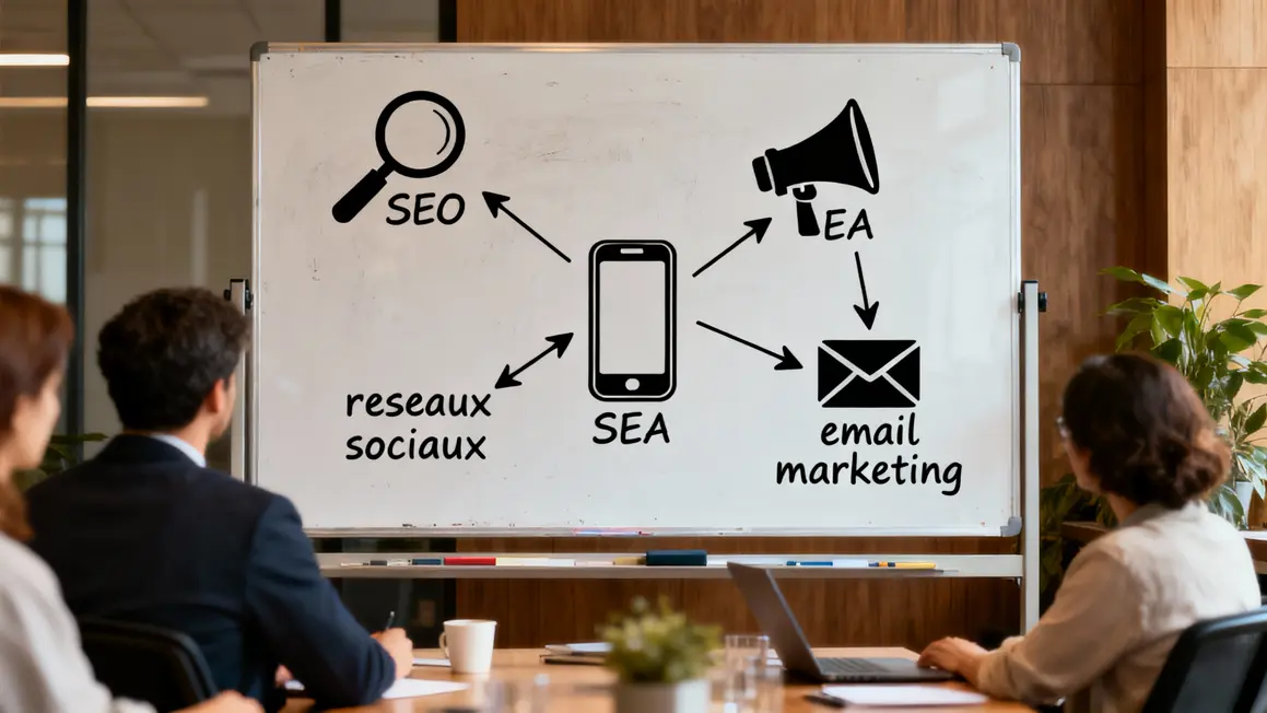 tableau blanc marketing digital quartier SEO SEA réseaux sociaux email