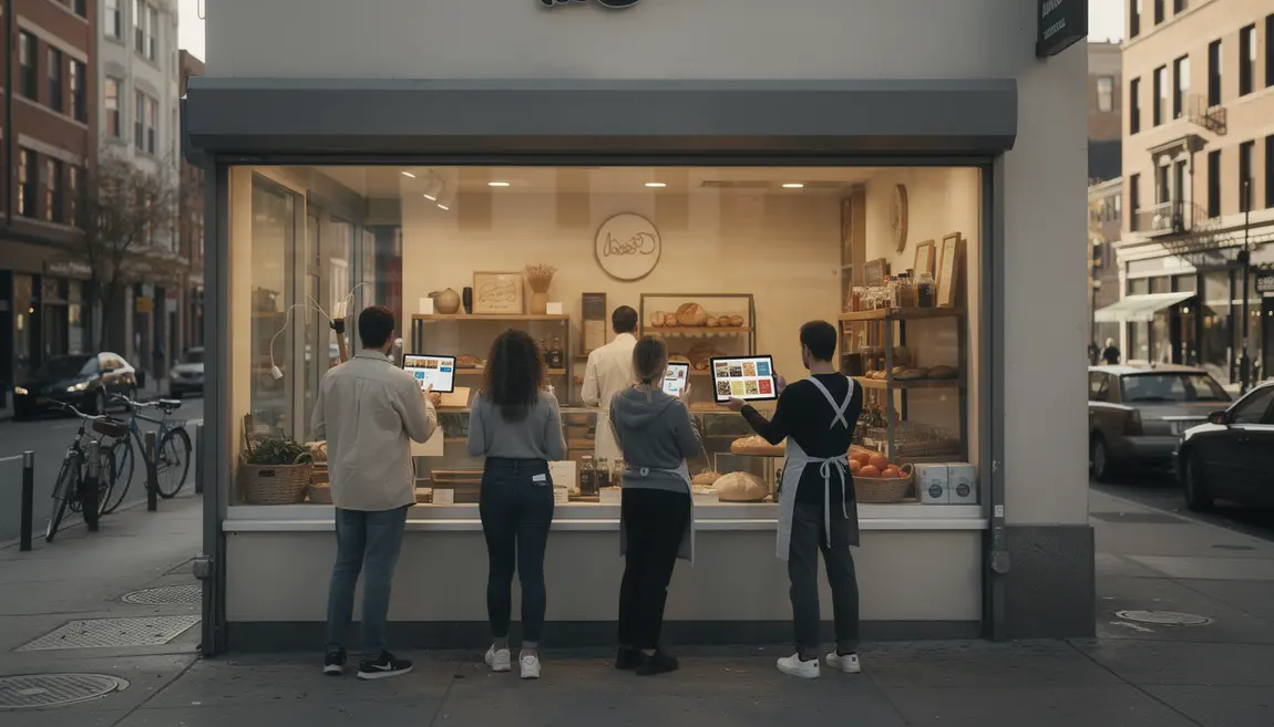 Vitrine de commerce, artisans utilisant site web, ambiance urbaine