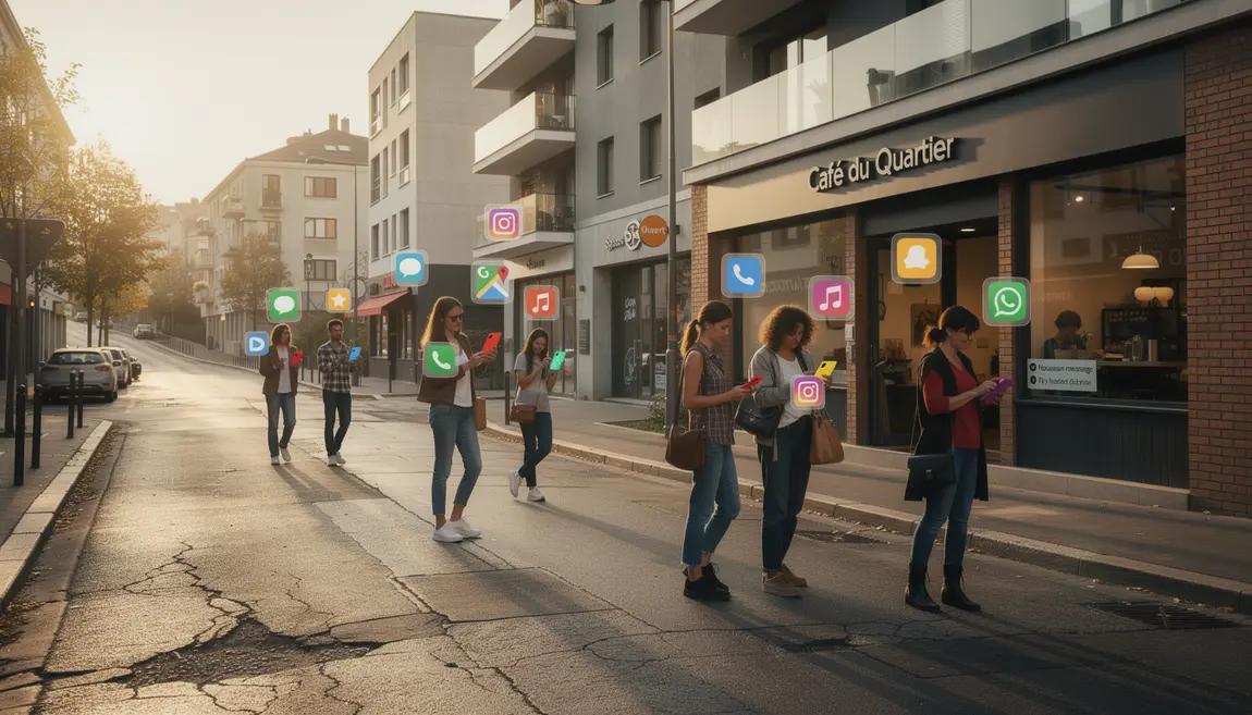 Rue moderne avec startup application, smartphones et icônes apps