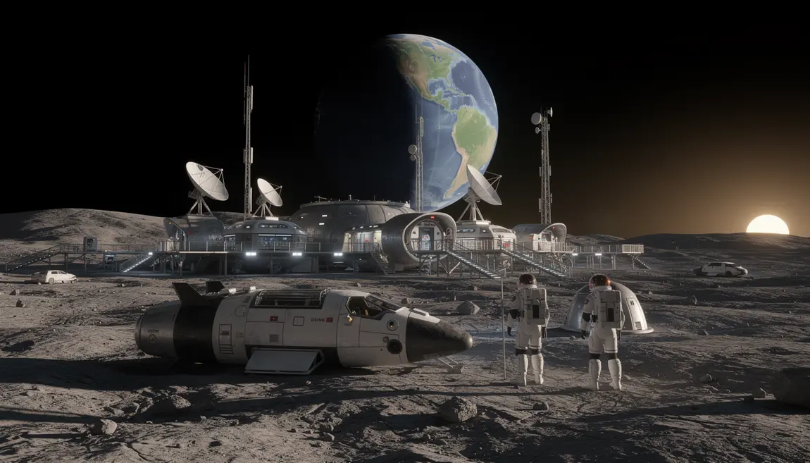 Base Artemis sur la Lune avec Terre en fond, capsule et astronautes