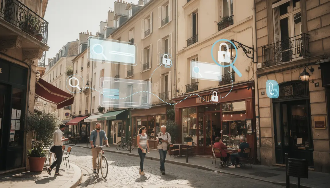 Vue réaliste de quartier français accès données entreprises commerces