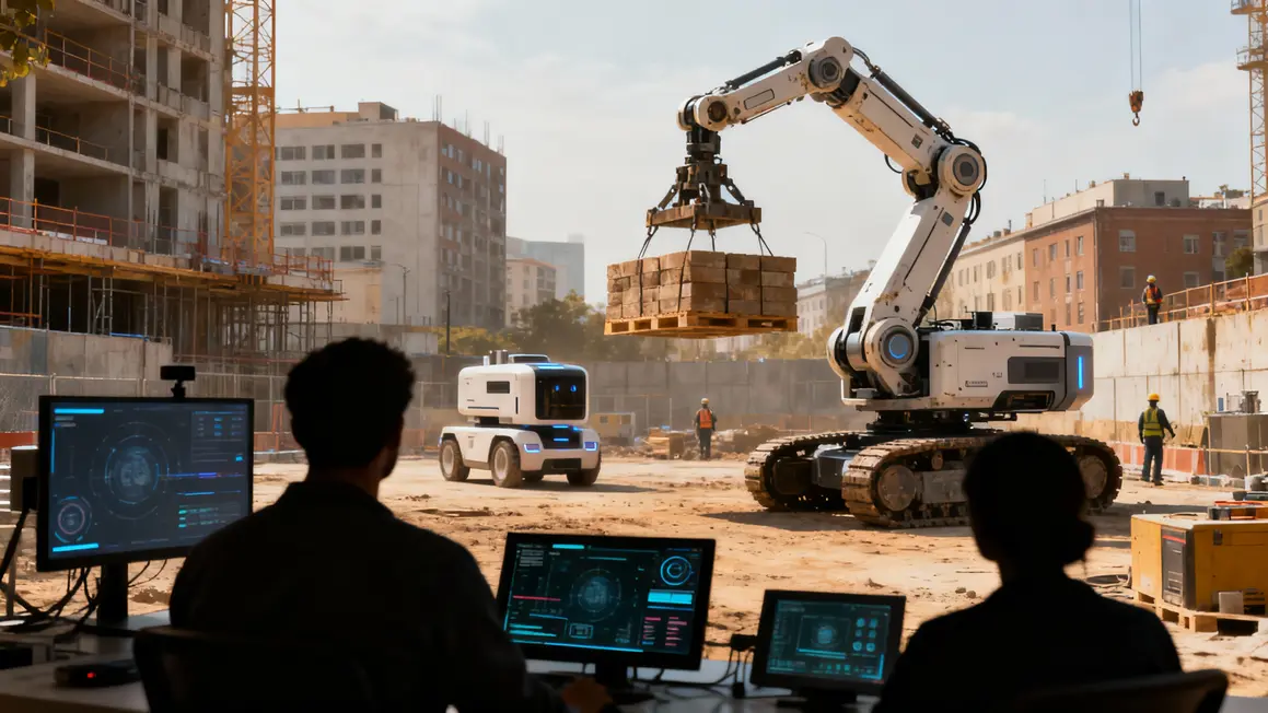 Robots Artemis et bras robotisé sur chantier urbain moderne