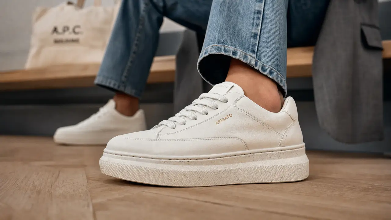 Basket blanche femme tendance 2025 : plateforme et cuir blanc cassé sur parquet