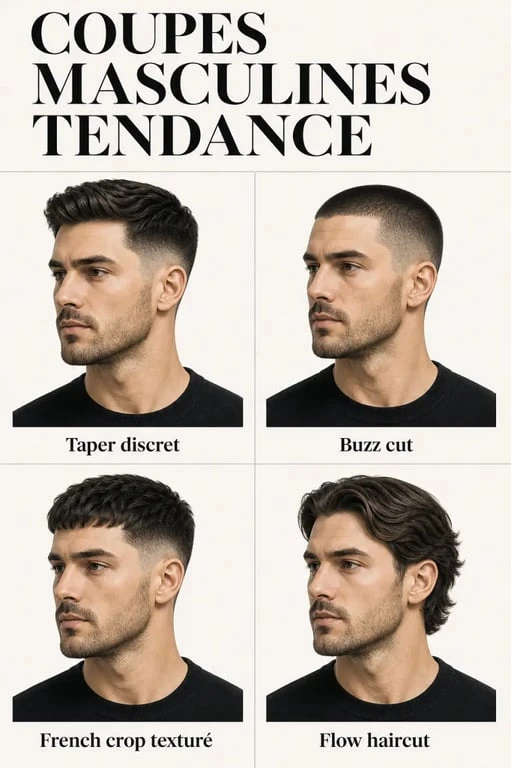 Coupe homme tendance : homme avec taper discret et coupes masculines modernes en composition éditoriale