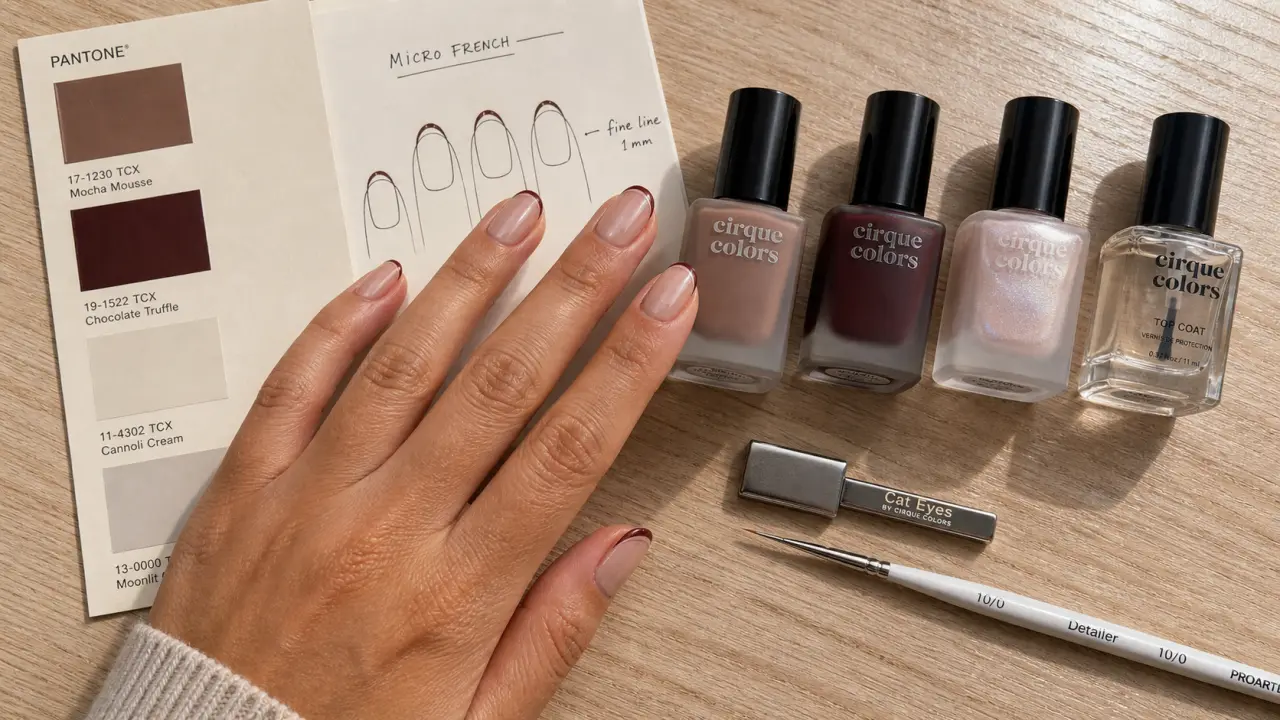 Tendance vernis à ongles moka bordeaux micro-french sur ongles