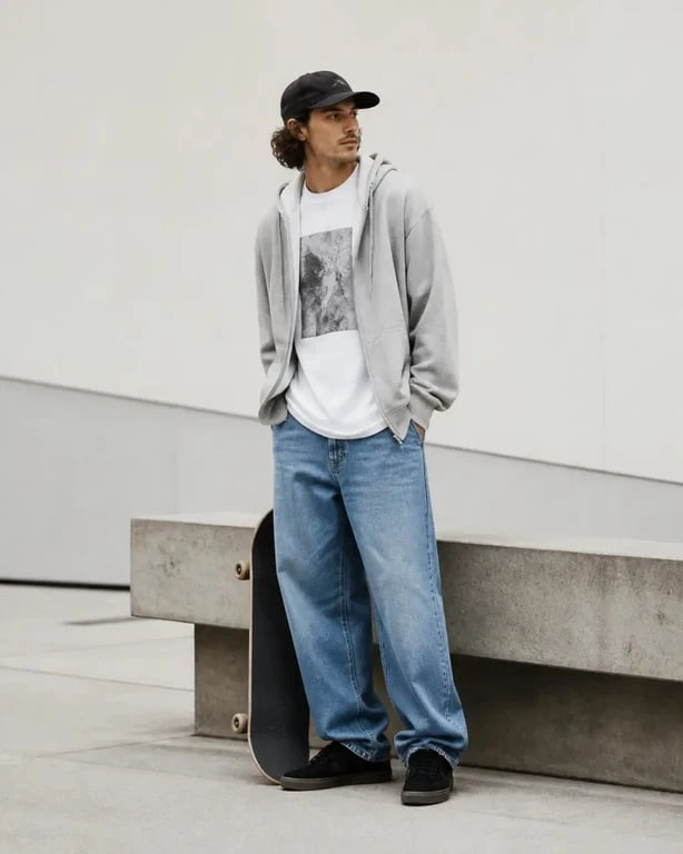 Style skateur homme : look urbain avec jean loose, hoodie ample et sneakers skate