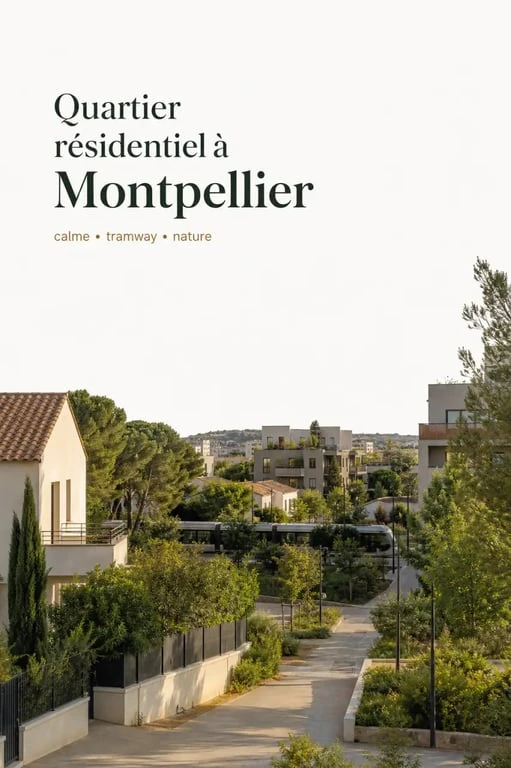 Montpellier quartier Aiguelongue, vue résidentielle verdoyante avec tramway et ambiance calme