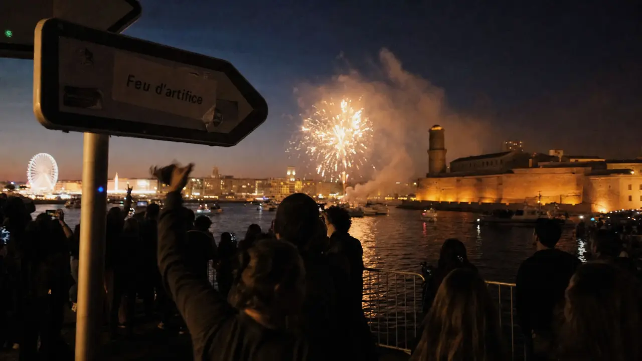Feu d artifice marseille au Vieux-Port, foule et lueur