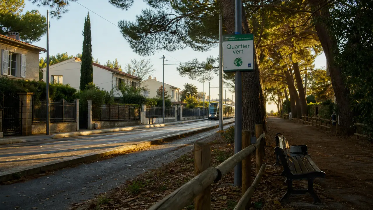 Photo montpellier quartier aiguelongue, allée verte et tram au loin