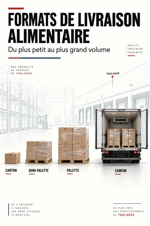 Formats de livraison d’un grossiste alimentaire à Toulouse : carton, demi-palette, palette et camion